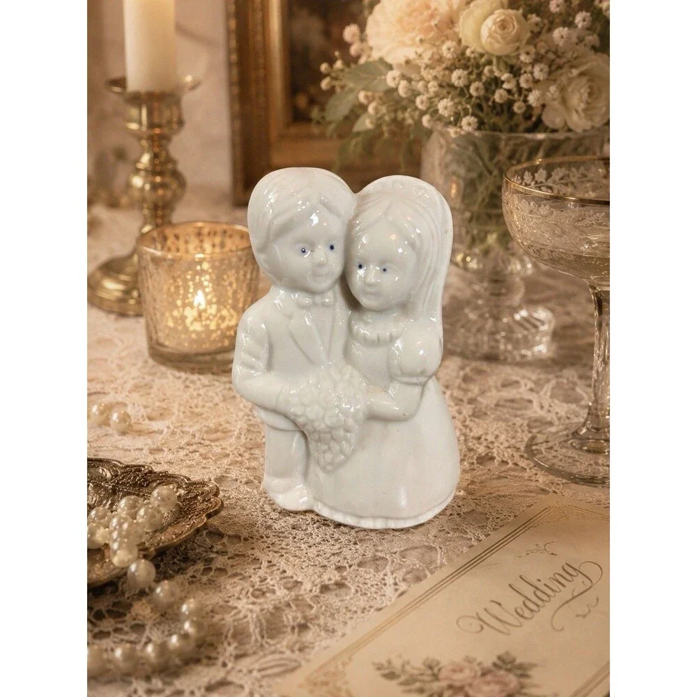 Vintage Ceramic Bride & Groom Wedding Bell White Porcelain Figurine Keepsake